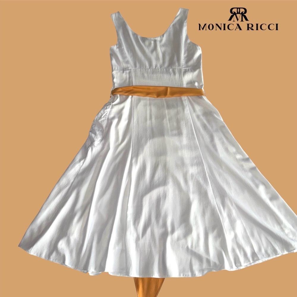 🛍️SALE🛍️ Monica Ricci White V-Neck Sleeveless Midi Dress with Tan Waist Sash - Picture 5 of 8